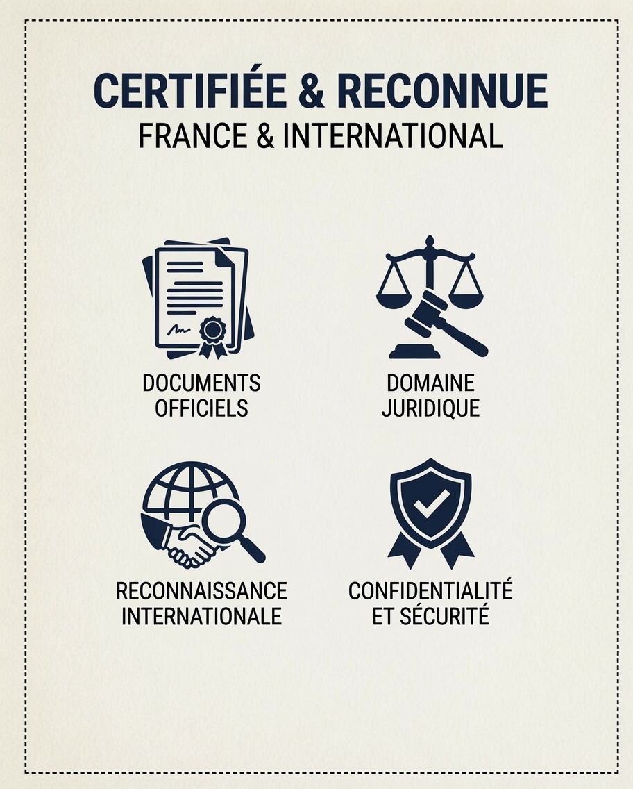 Certifiée et reconnue — France et international : documents officiels, domaine juridique, reconnaissance internationale, confidentialité et sécurité